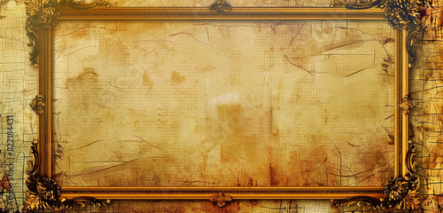 Expanded view of a large ocher blank frame on warm stained paper vintage wallpaper. photo