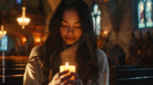This photo shows an aesthetic shot of a young Christian woman lighting a candle in church, praying and expressing her devotion to God. She is smiling while becoming enlightened by Jesus Christ's