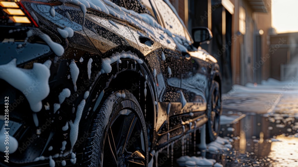 Photograph of a Black Electric SUV covered in Washing Soap and Foam. Close up of foam dripping from the rear fender of the car onto the family car's tire and rim.