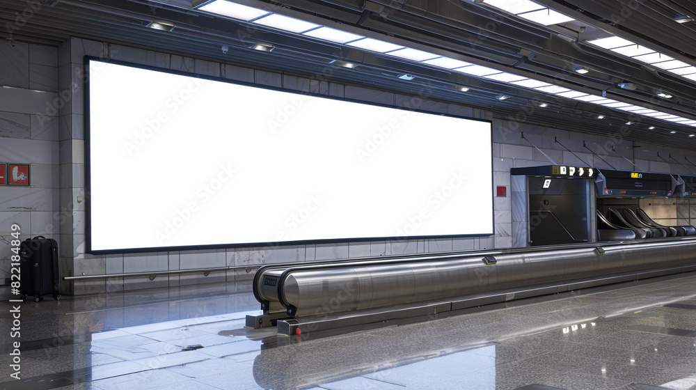 Vast blank billboard dominating a dim airport baggage claim space.