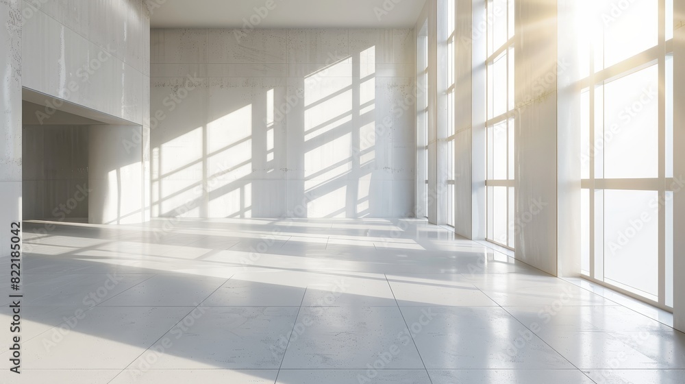 The wall is blank in a mockup of a bright office with large windows and sunlight passing through the rendering