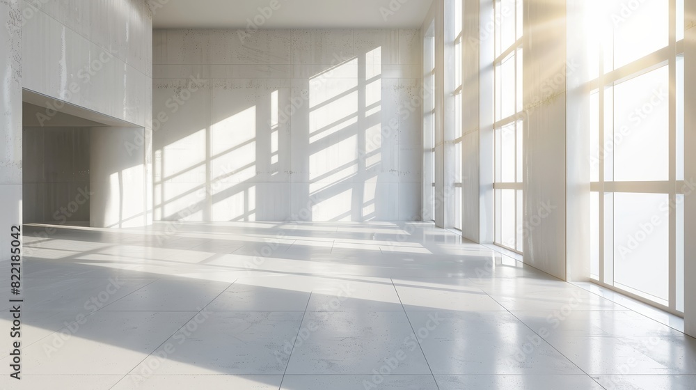 The wall is blank in a mockup of a bright office with large windows and sunlight passing through the rendering The wall is blank in a mockup of a bright office with large windows and sunlight passing through the rendering