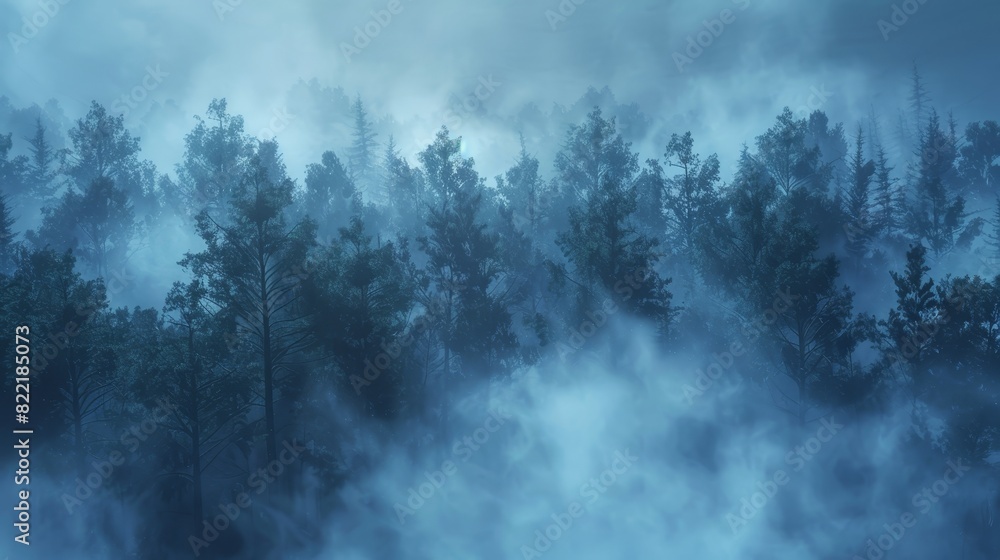 The fog is thick in the forest in the morning. A misty morning amid the trees. 3D rendering of the forest. The fog is thick in the forest in the morning. A misty morning amid the trees. 3D rendering of the forest.