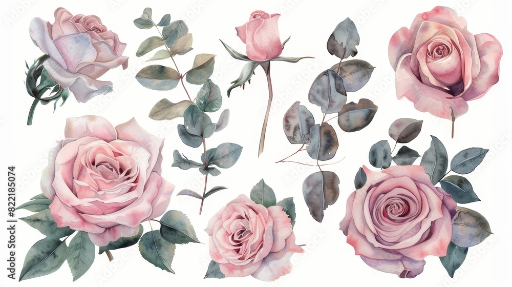 Set of watercolor elements as well as a collection of garden flowers, leaves and branches. Botanical Illustration; Eucalyptus Illustration; Wedding Floral Design. Set of watercolor elements as well as a collection of garden flowers, leaves and branches. Botanical Illustration; Eucalyptus Illustration; Wedding Floral Design.
