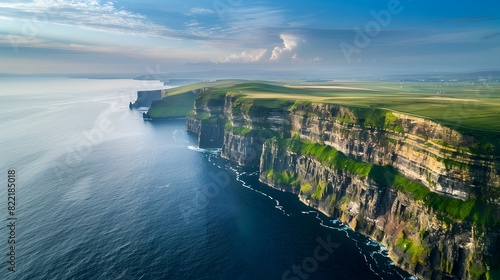The Cliffs of Moher in Ireland, Europe. A stunning natural wonder overlooking the ocean on one side and green grassy cliffs on the other.
