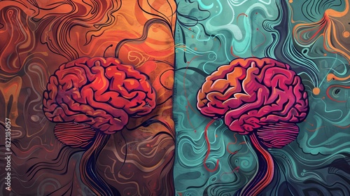 Creative left and right human brain concept, emotial and logic parts of the brain. Social and business illustration of left part and art illustration of right. photo