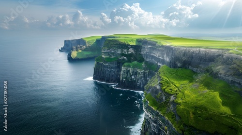 The Cliffs of Moher in Ireland, Europe. A stunning natural wonder overlooking the ocean on one side and green grassy cliffs on the other.
 photo
