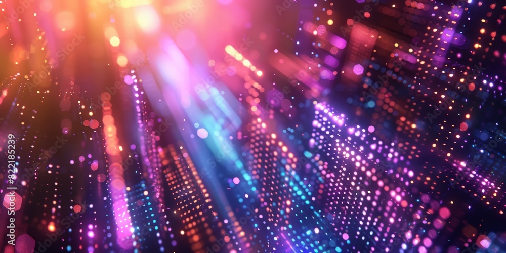 Fototapeta premium Abstract digital background with glowing lines and bokeh lights, representing data flow in technology or cyber security concept. Glowing blue purple light rays, motion blur effect,