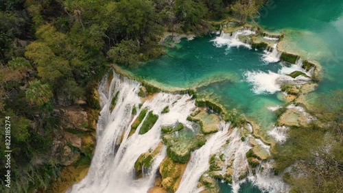 aerial view of el meco waterfall in san luis potosi mexico SBV 338776232 4K  photo