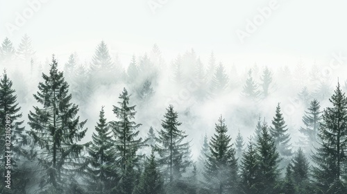 Isolated fir trees on a white background. Foggy spruce forest pattern. photo