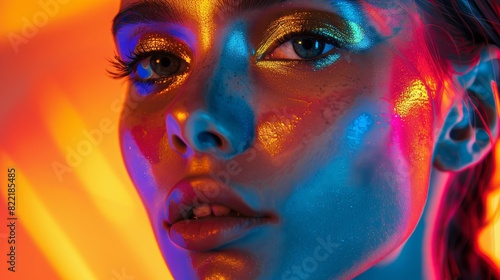 An artistic close-up shot of a young female poses with confidence  highlighting her facial features with neon paint in a low-key studio setting.