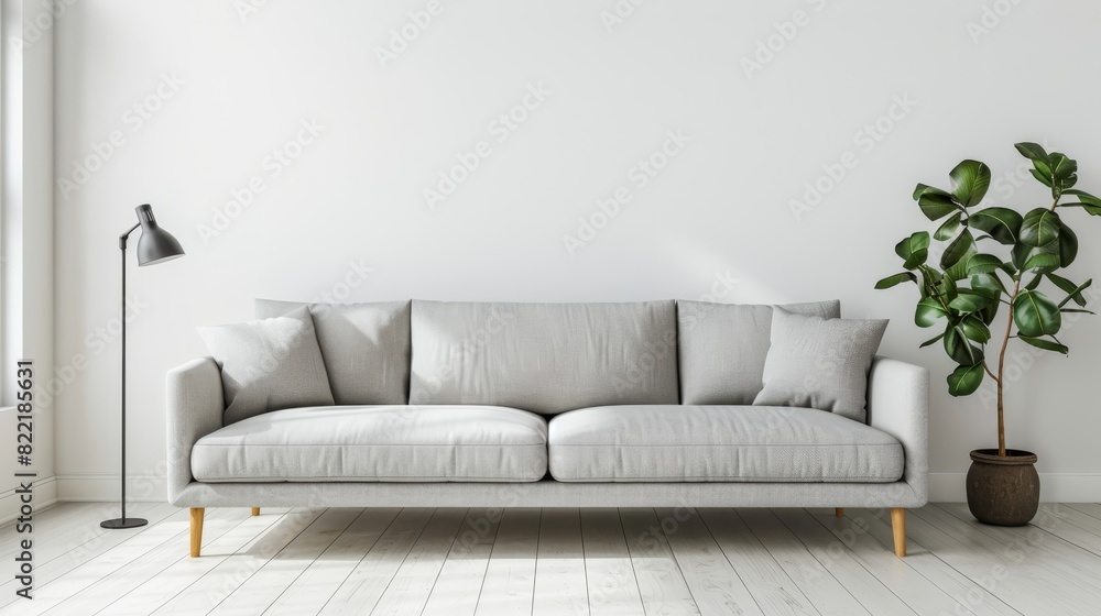 There is a sofa and lamp with white wall backgrounds in this bright and cozy modern living room interior. There is a sofa and lamp with white wall backgrounds in this bright and cozy modern living room interior.