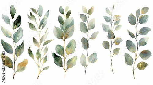 This watercolor floral illustration set includes eucalyptus, olive, green leaves, and gold leaf branches, which are suitable for wedding stationary, greeting cards, wallpapers, fashion, and