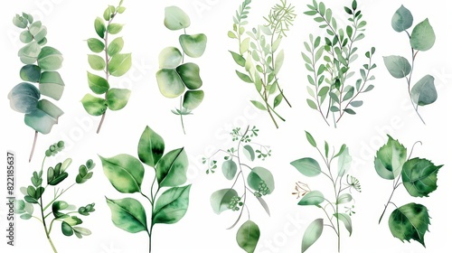 This watercolor illustration collection features eucalyptus  olives  and green leaves for wedding stationary  greetings  wallpapers  fashion  and background.