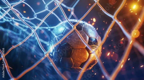 Soccer ball bounced into the goal. Soccer ball bends the net against the background of flashes of light. Soccer ball in goal net on blue background. A moment of happiness. 3D illustration. photo
