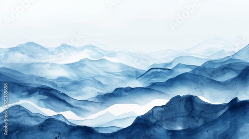 The abstract watercolor painting depicts waves and mountains on a white background in indigo light blue
