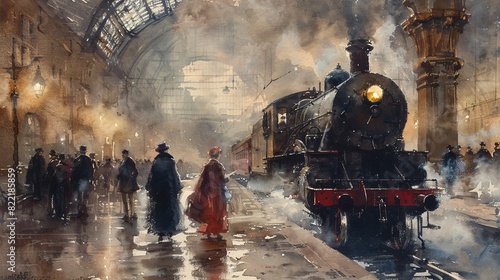 Oil painting of a crowded 19th century train station with steam locomotive and gas lamps. photo