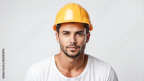 headshot of construction handsome guy model on plain white background studio from Generative AI