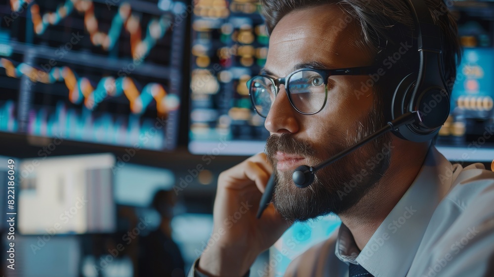 Portrait of a proactive stock exchange manager working in a modern office. A full-length portrait of an adult trader communicating orders with a headset and mic while speaking on a conference call Portrait of a proactive stock exchange manager working in a modern office. A full-length portrait of an adult trader communicating orders with a headset and mic while speaking on a conference call