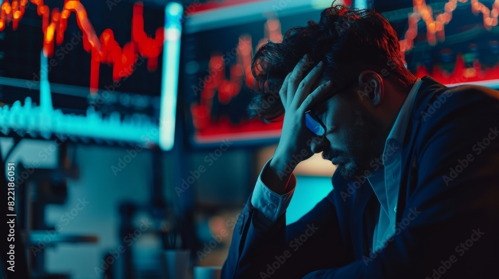Trader unable to anticipate sudden market collapse, saddened by negative ticker information, red graphs, and real-time information. Trader unable to anticipate sudden market collapse, saddened by negative ticker information, red graphs, and real-time information.