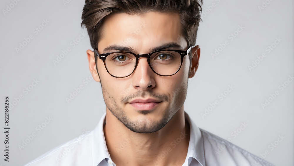headshot of glasses handsome guy model on plain white background studio from Generative AI