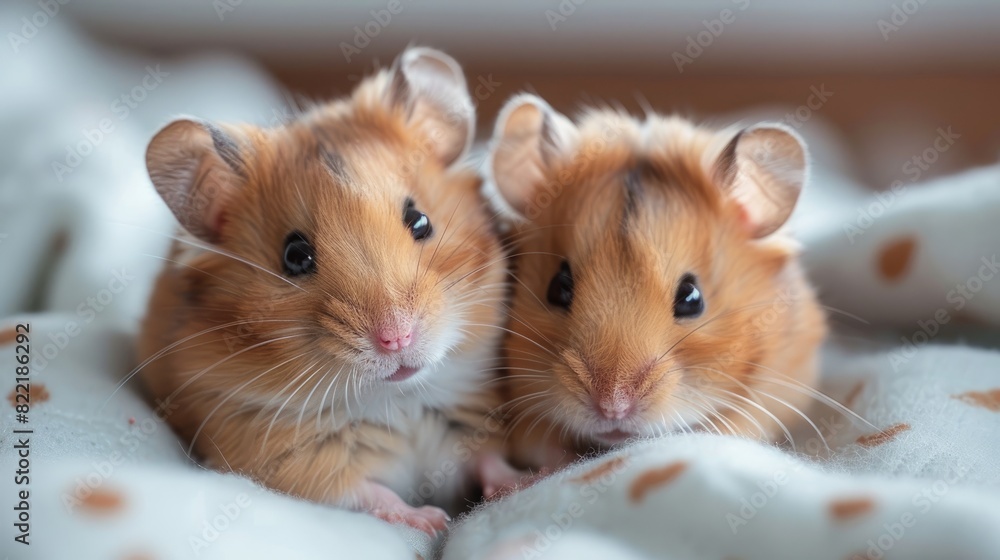 The image shows two cute hamsters sitting on a blanket. The image shows two cute hamsters sitting on a blanket.