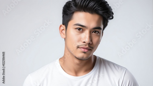 headshot of indonesian handsome guy model on plain white background studio from Generative AI © Arceli
