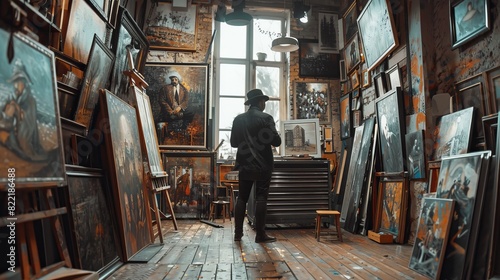 Fine Art Painter Retouching his Creations Before an Exhibition in His Creative Workshop: Historical Figure and Artist Preparing for an Exhibition with New Paintings photo