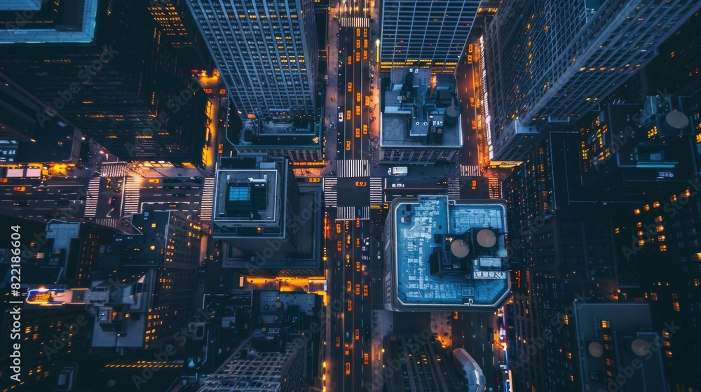 LOWERHELICopter perspective of skyscrapers and office buildings in a large urban center in New York City at night. LOWERHELICopter perspective of skyscrapers and office buildings in a large urban center in New York City at night.