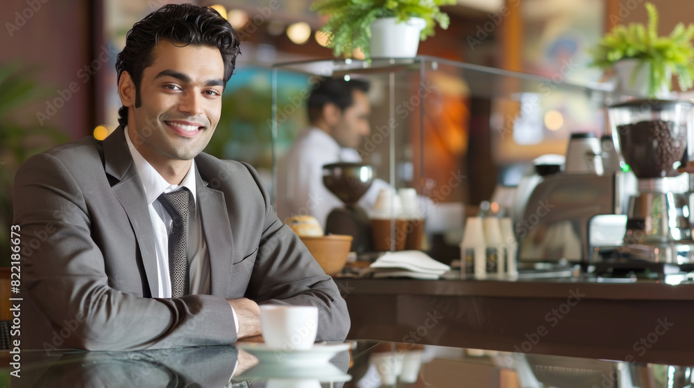 A confident Indian businessman sits in a coffee shop smiling A confident Indian businessman sits in a coffee shop smiling