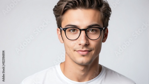 headshot of nerdy handsome guy model on plain white background studio from Generative AI photo