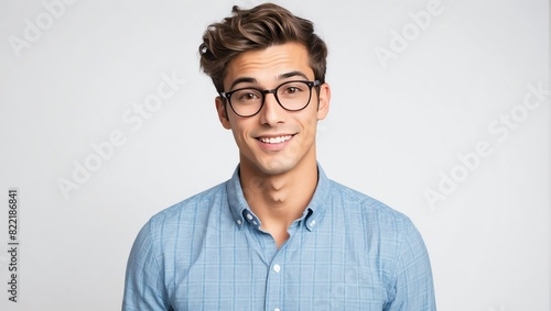 headshot of nerdy handsome guy model on plain white background studio from Generative AI photo