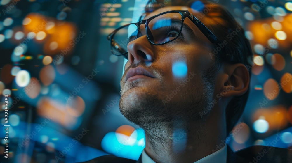 A talented finance manager, working for the stock exchange, daytrading company shares, investing in valuable technology, and managing public and private securities. A low angle close-up portrait of A talented finance manager, working for the stock exchange, daytrading company shares, investing in valuable technology, and managing public and private securities. A low angle close-up portrait of