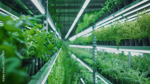 Growing eco-friendly plants in multiple rows and layers under artificial LED UV sunlight. Green leaf production facility. Wide angle aerial shot