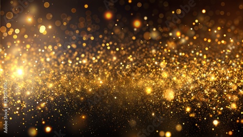 Golden Particles: Glowing golden particles dispersed on a dark background, creating a luxurious and elegant abstract effect.  © No