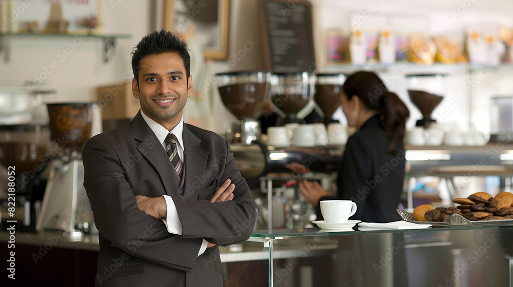 A confident Indian businessman stands at a coffee shop smiling and looking at the camera A confident Indian businessman stands at a coffee shop smiling and looking at the camera