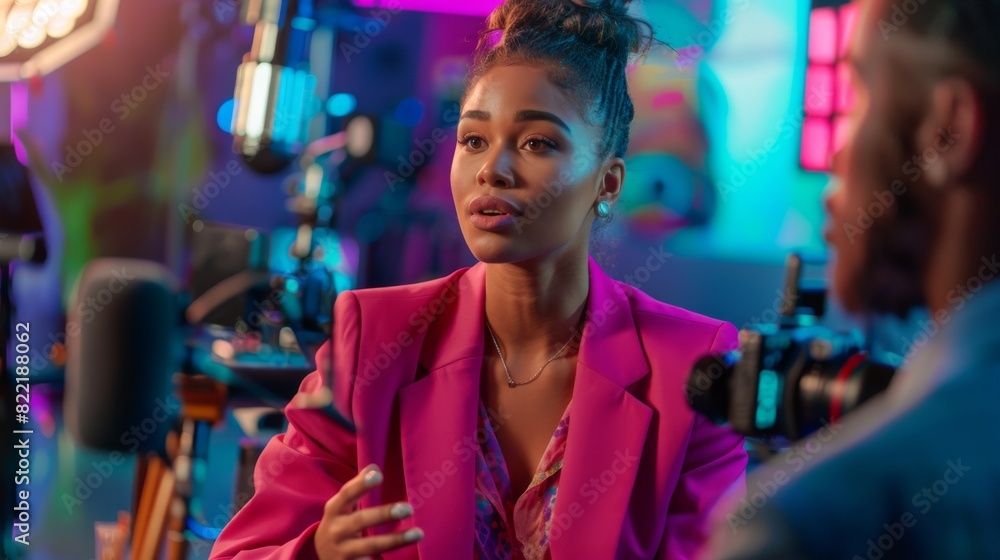 During the recording of a TV show, a young black female host is pictured wearing a pink suit, engaging in a lively conversation with modern videography equipment. During the recording of a TV show, a young black female host is pictured wearing a pink suit, engaging in a lively conversation with modern videography equipment.