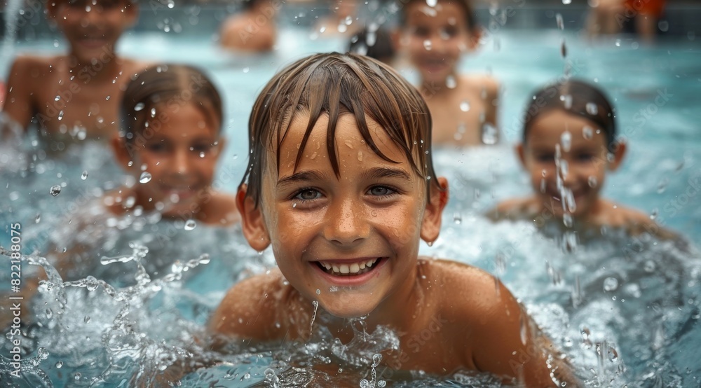 Joyful Kids Playing in Swimming Pool on a Sunny Day Joyful Kids Playing in Swimming Pool on a Sunny Day