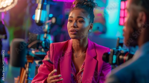 During the recording of a TV show, a young black female host is pictured wearing a pink suit, engaging in a lively conversation with modern videography equipment.