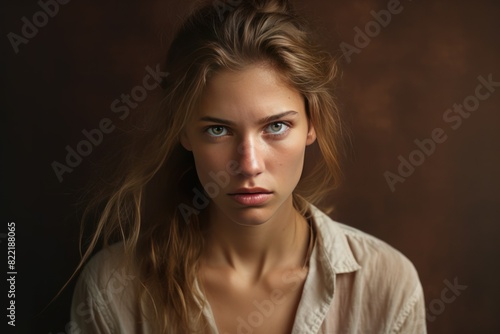 Bronze background sad european white Woman realistic person portrait of young beautiful bad mood expression Woman Isolated on Background depression anxiety