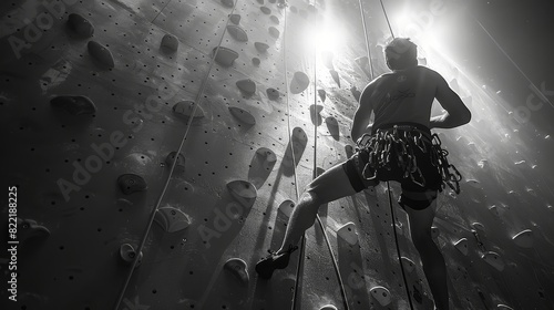 Man climbs up challenging rock wall in bouldering gym. photo