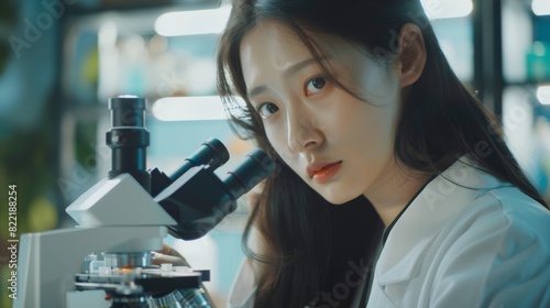 A woman of Asian descent using a microscope to analyze a petri dish sample in a medical research center. The scientist is developing innovative medicine to treat mental disorders or pain. photo