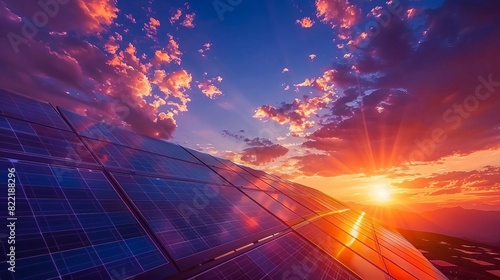 Desert solar panels at sunset, vibrant dramatic sky, capturing renewable energy, breathtaking sunlit scene