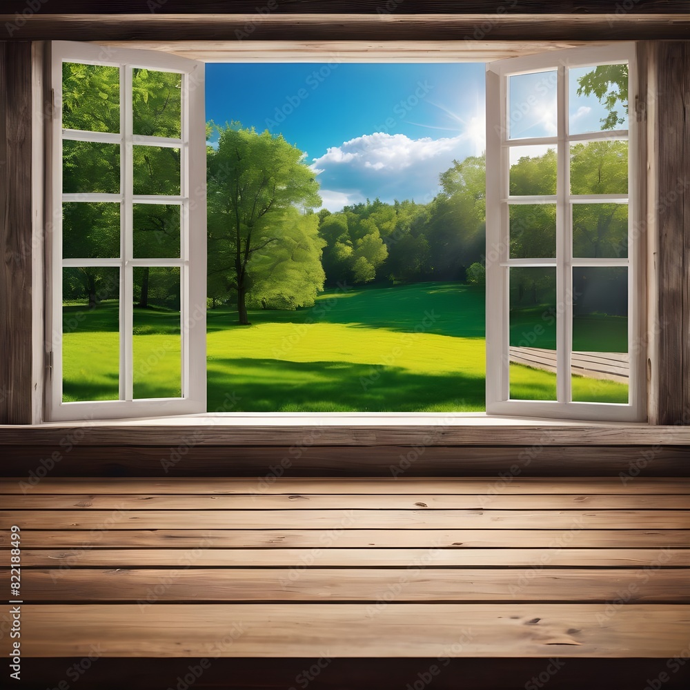 Fototapeta premium Wooden table with blurred background window view during summertime. Generative ai Illustration