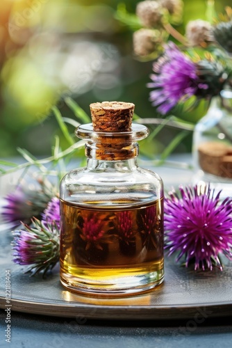 milk thistle essential oil. Selective focus