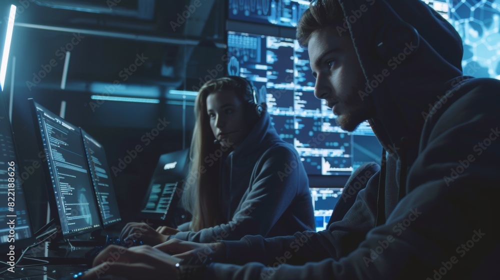 Fototapeta premium A group of Boy and Girl Hackers organize an advanced virus attack on corporate servers. They both work together. The environment is dark and has multiple monitors.