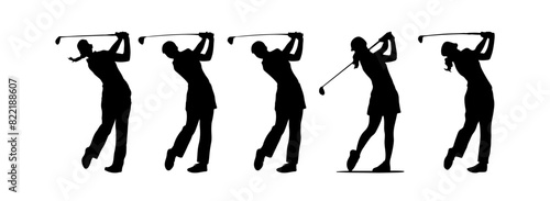 A set of golfer sports people playing golf in various poses. vector silhouette of men and women golf player collection. Golf different silhouettes on white background
