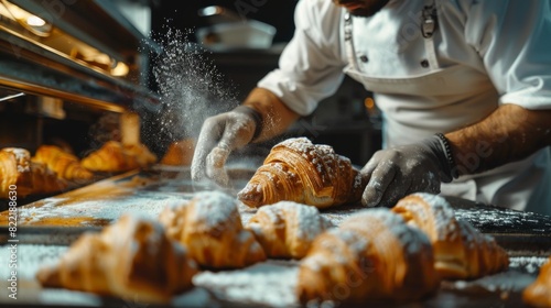 Buttering croissants by a professional French baker.