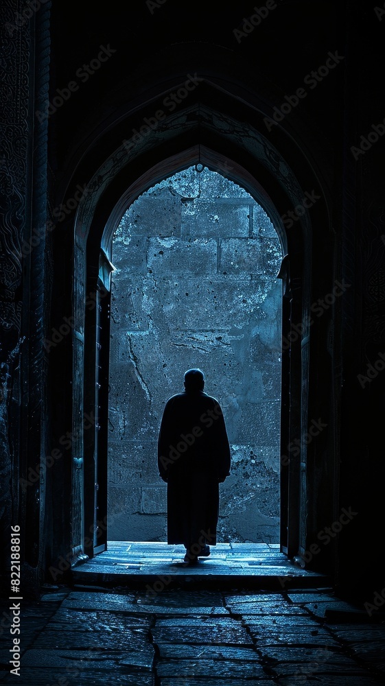 The dark figure of a monk in a long robe walks through a stone archway.