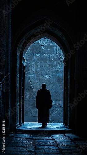 The dark figure of a monk in a long robe walks through a stone archway. © InkCrafts